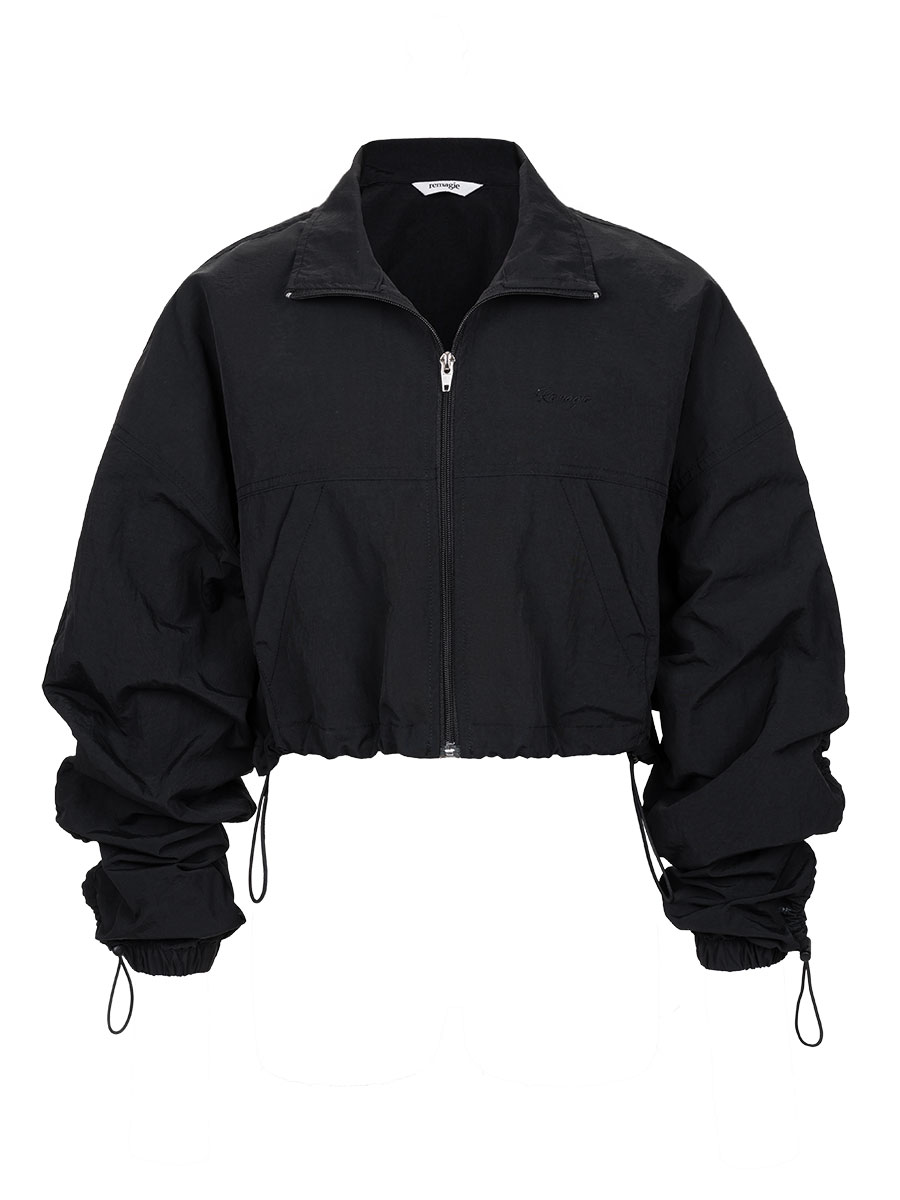 Shirring nylon zip-up (black)