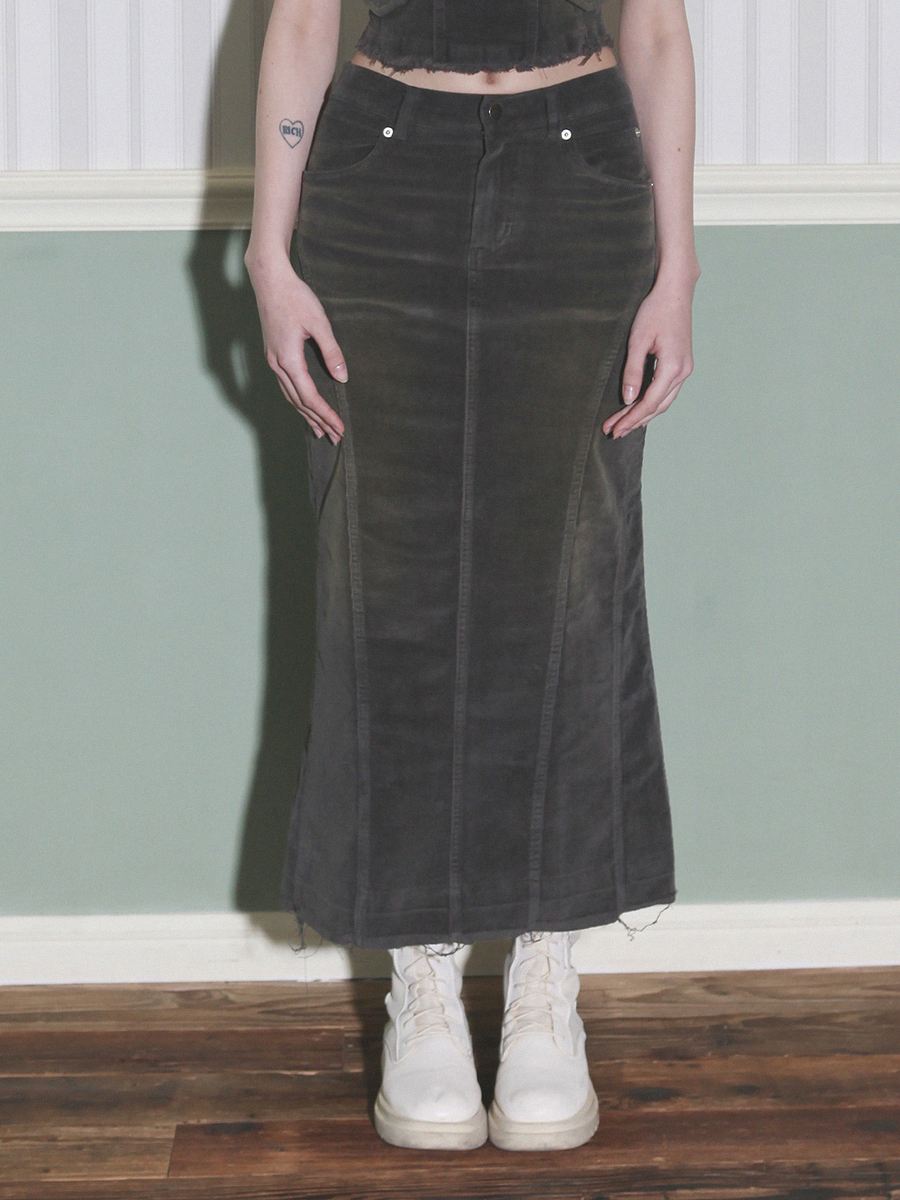 Washed Corduroy Long Skirt (Charcoal)